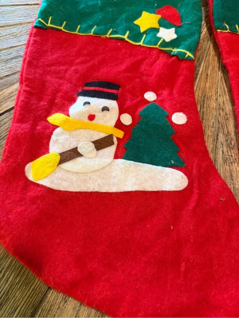 Pair of vintage felt appliqué Christmas stockings snowman and Santa